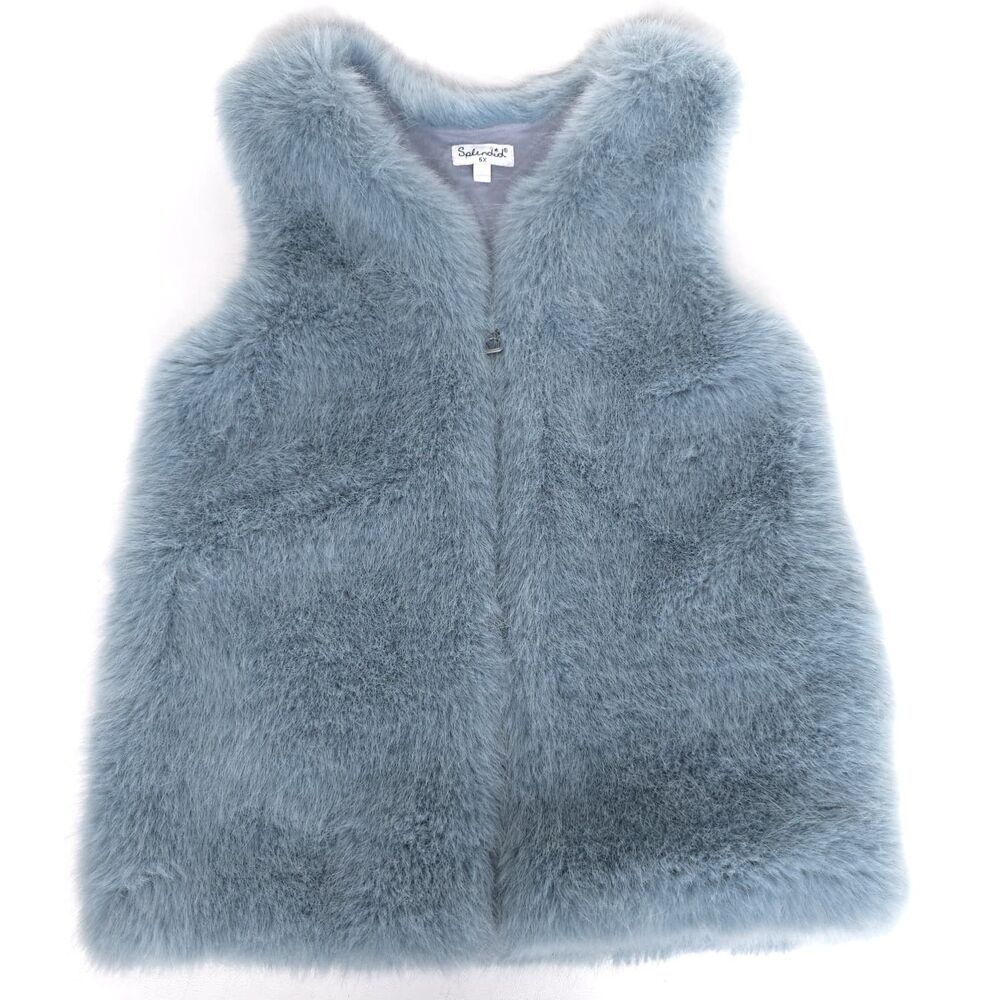 SPLENDID Girls 6X‎ Faux Fur Vest Blue Zip Sleeveless Soft Jacket Kids
